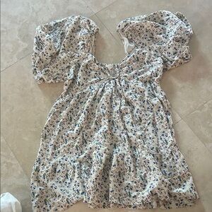 Women sim&sam Floral Puff-Sleeve Dress in Cream and Blue